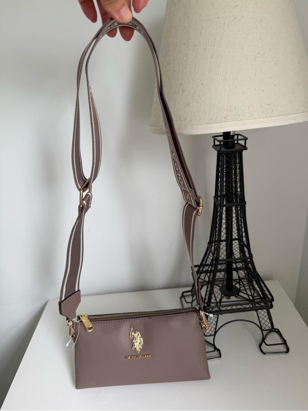 U.S. Polo Assn. Mauve Taupe Crossbody Bag with Gold Hardware